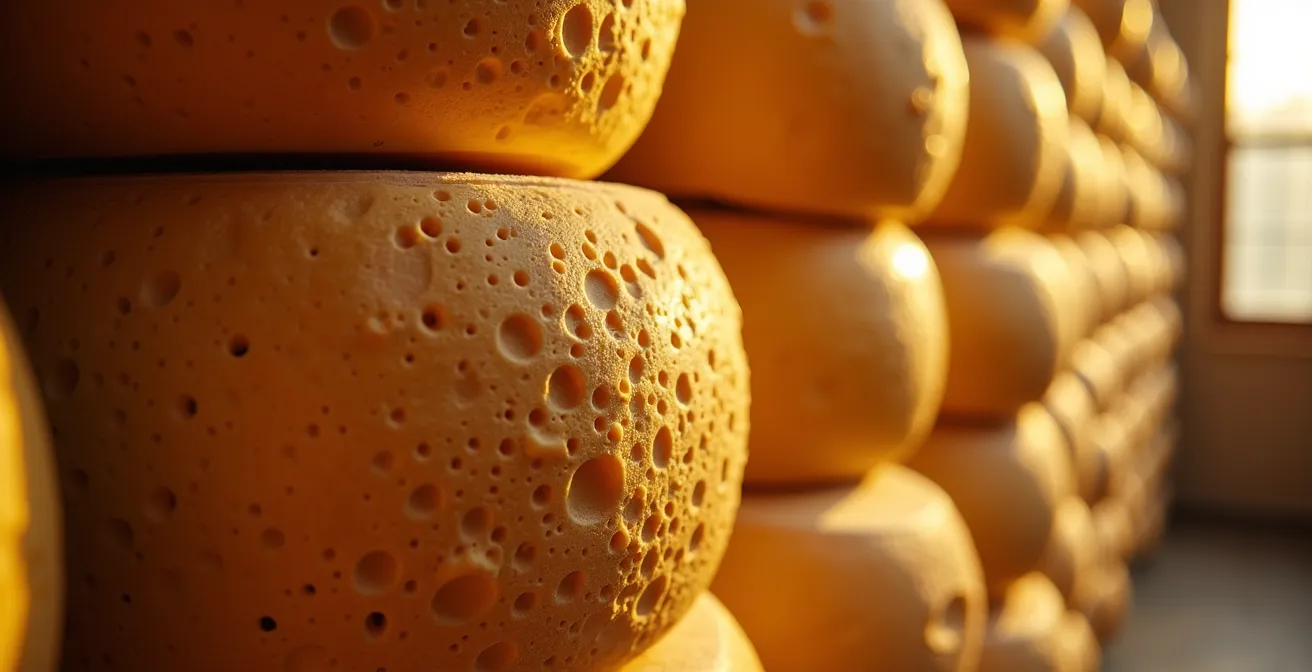 Extreme close-up of aged cheese wheels showing natural patterns and textures
