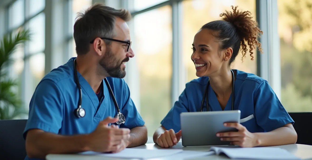 Professional caregiver mentoring session in a bright, modern healthcare training environment