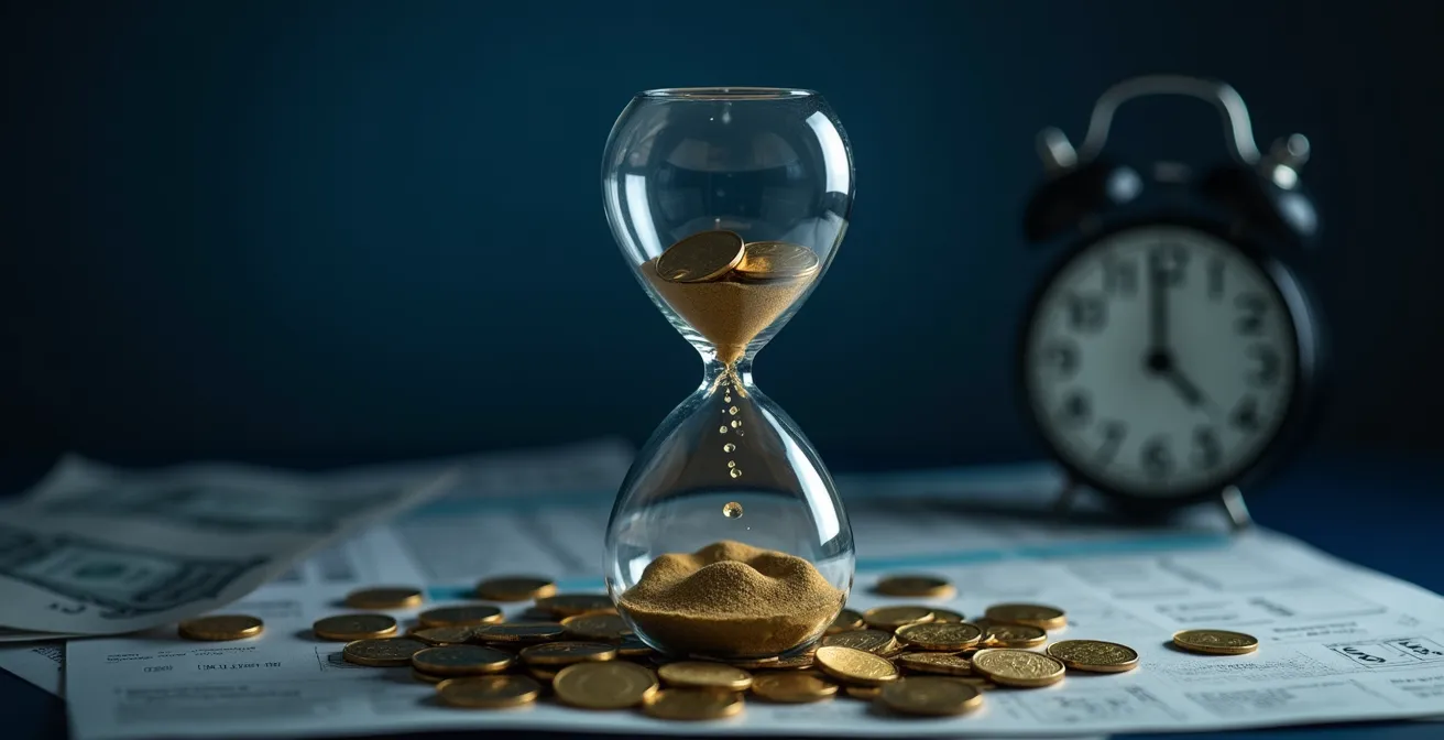 Abstract visualization of cash flow cycle with time elements and currency symbols