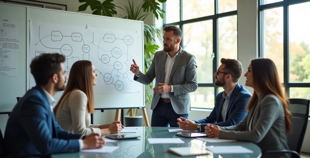 Diverse business team collaborating around a circular table with strategic planning materials