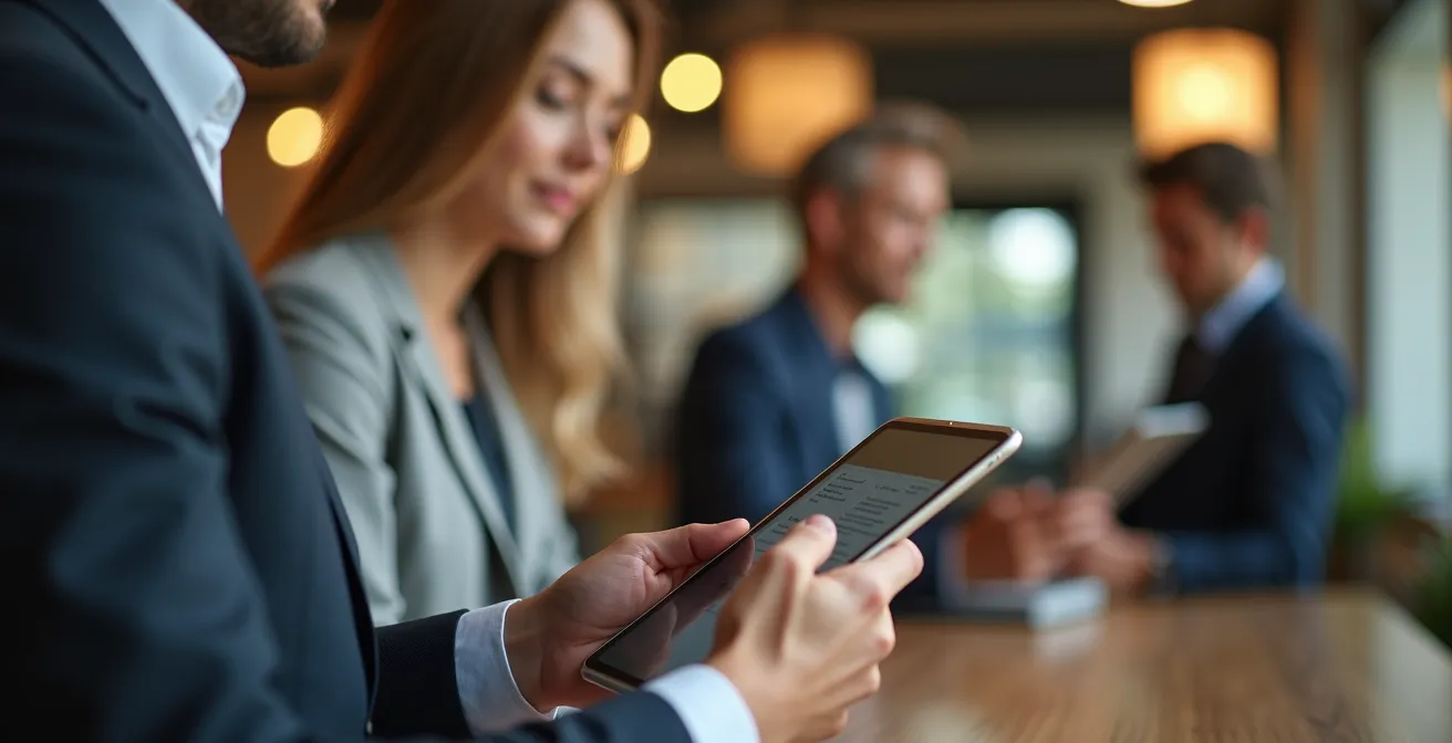 Field auditor using digital tablet for franchise compliance check