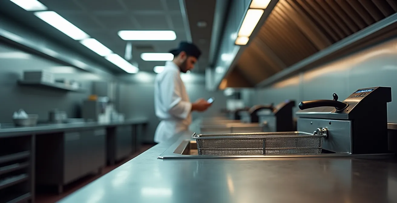 Wide angle view of idle commercial kitchen during equipment failure