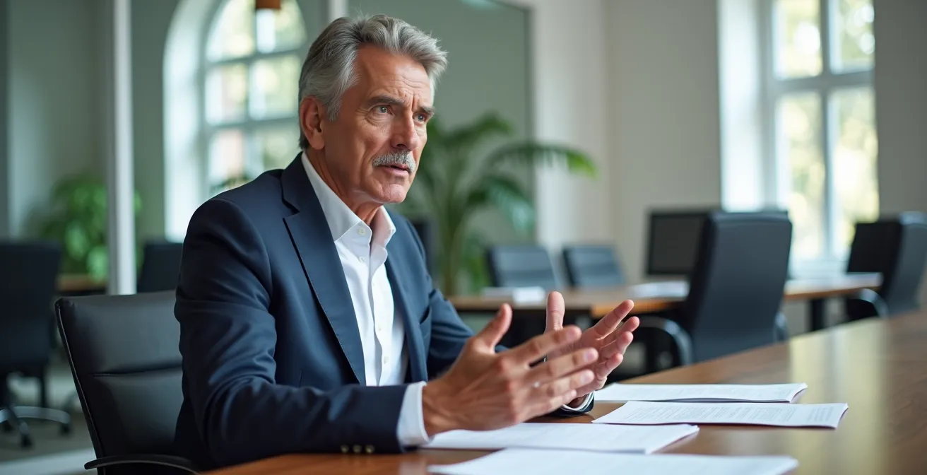 Business executive reviewing documents in modern conference room