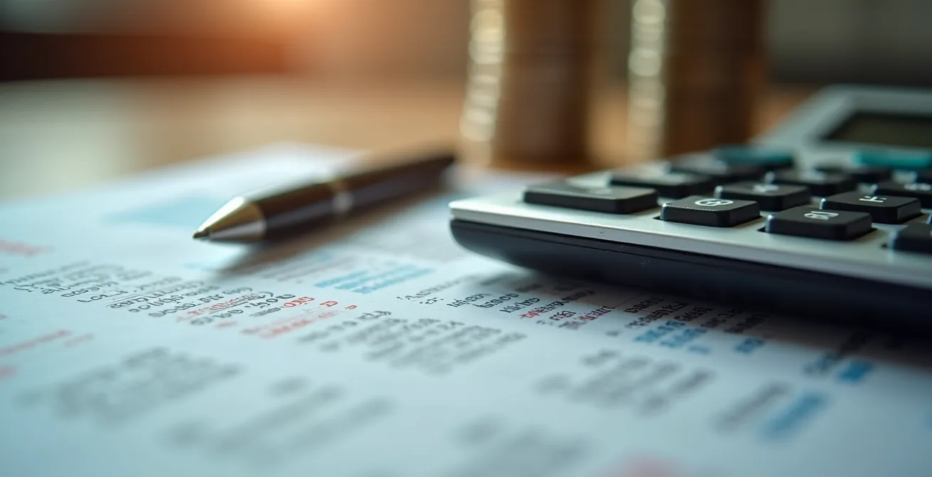 Close-up of financial analysis tools and budget planning materials on a professional workspace