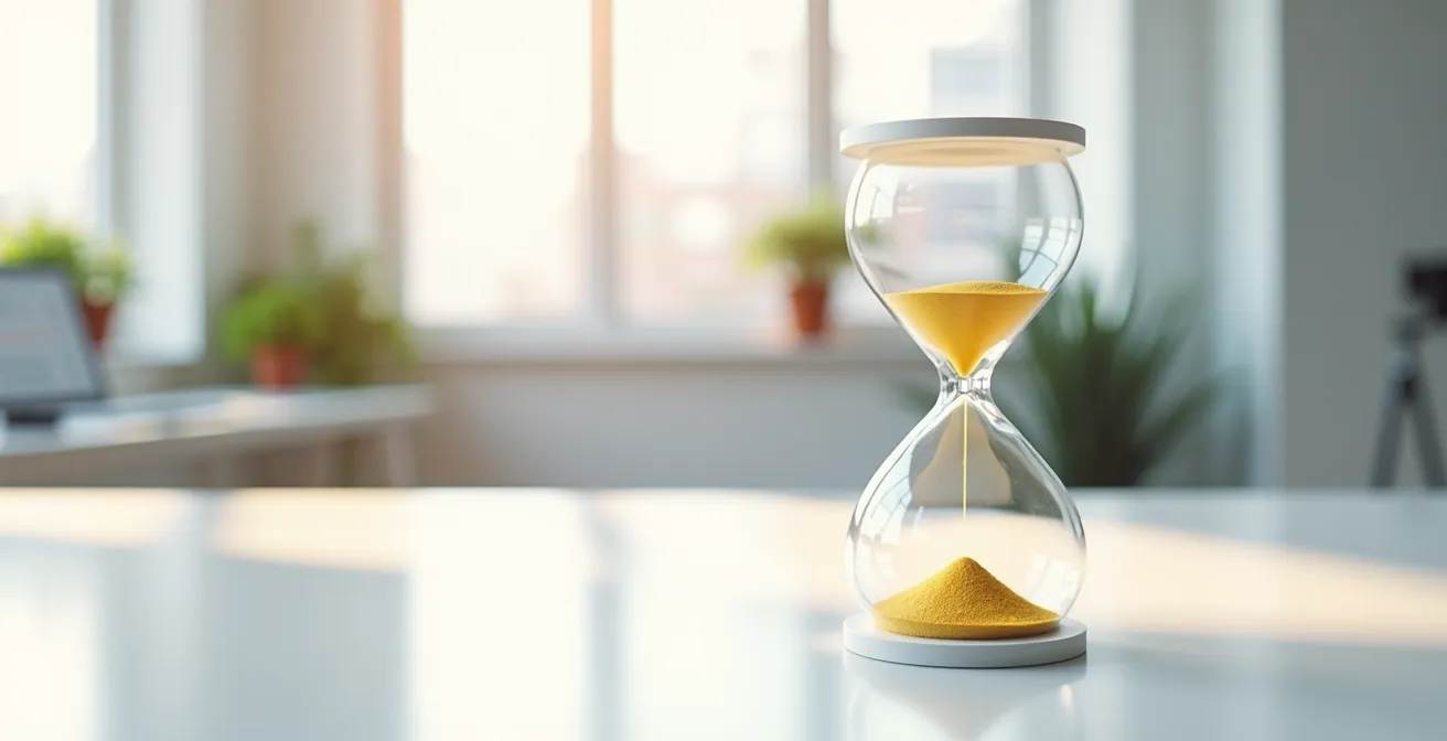 Wide angle shot of modern hourglass with golden sand against minimalist office environment