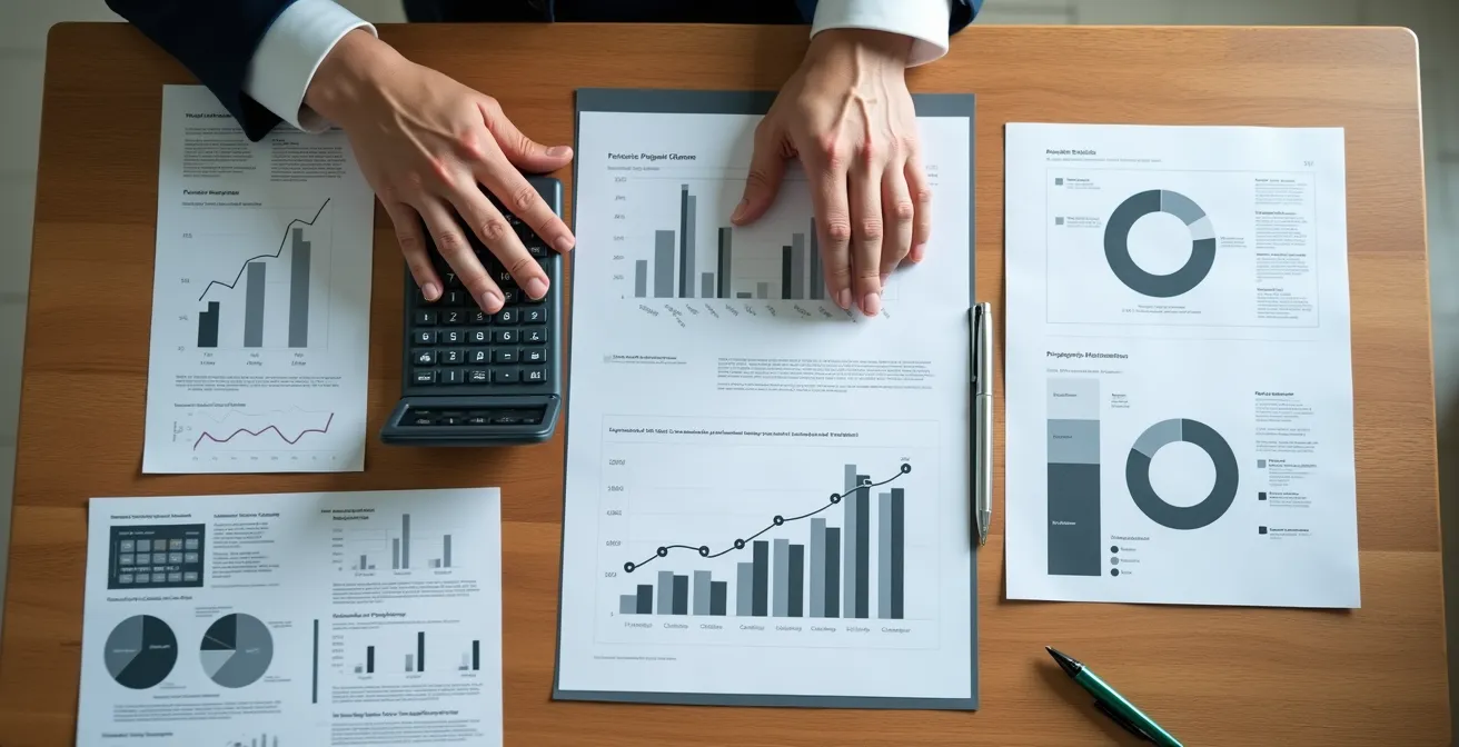 Business owner analyzing exit strategy documents with financial charts in background