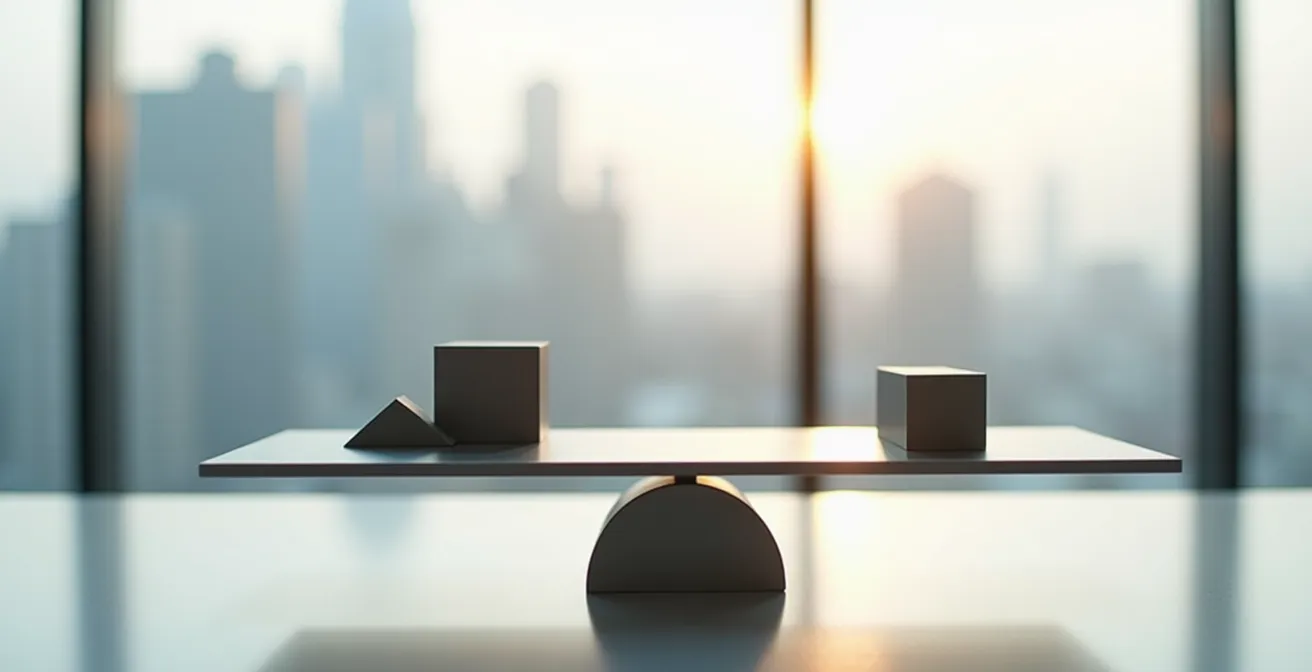 A modern balance scale in a minimalist office, with abstract shapes for revenue and costs, representing a balanced franchise royalty structure.