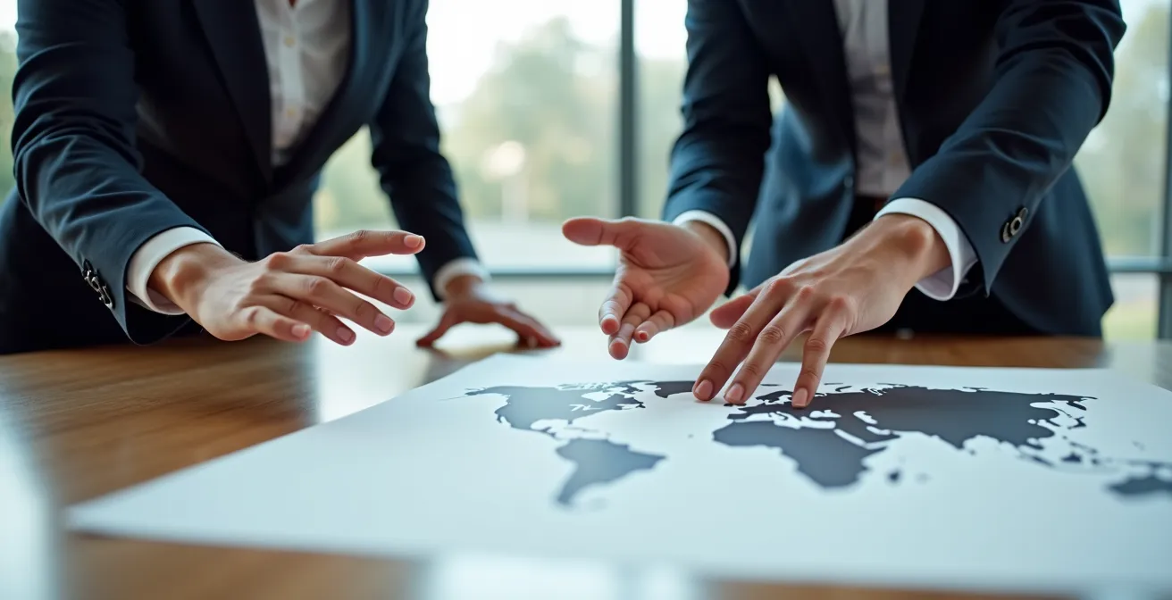 Professional business collaboration scene depicting franchise territory negotiation