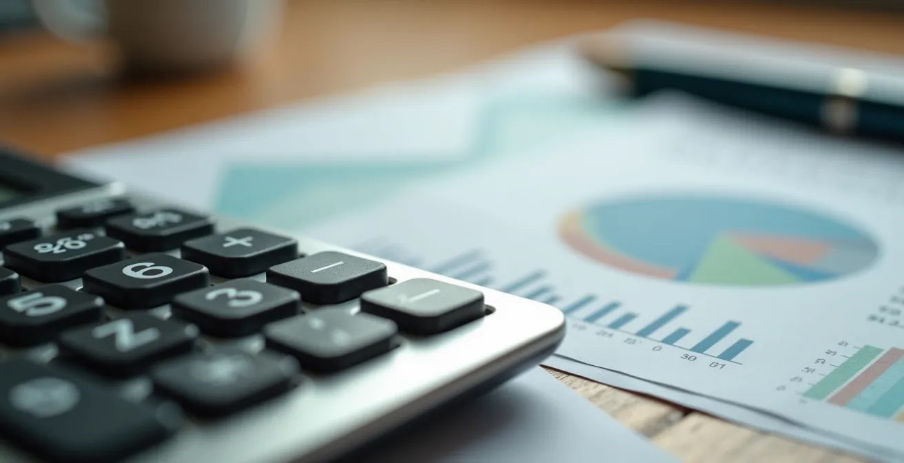 Close-up macro shot of calculator buttons and financial planning materials showing goal achievement calculations