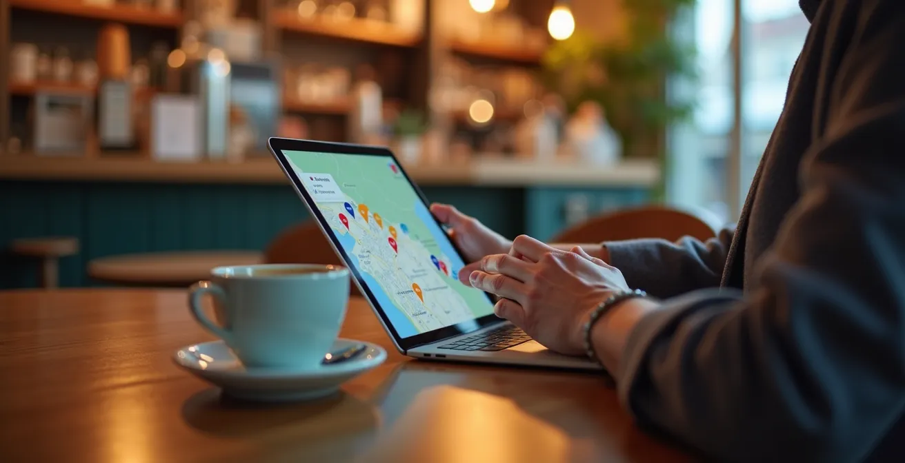 A business owner optimizing their local search presence on a tablet device in a coffee shop setting.