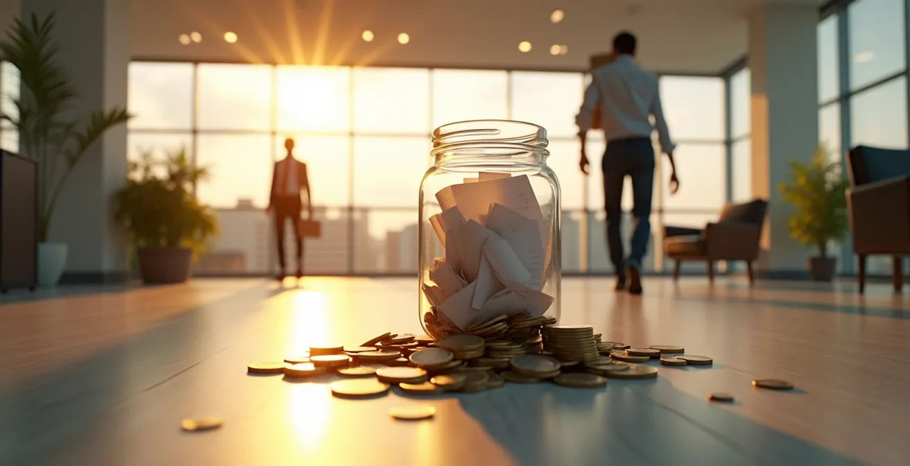 A visual metaphor showing an office with a jar overflowing with paper invoices, while coins are spilled and useless on the floor, representing the paradox of a profitable business facing a cash flow crisis.