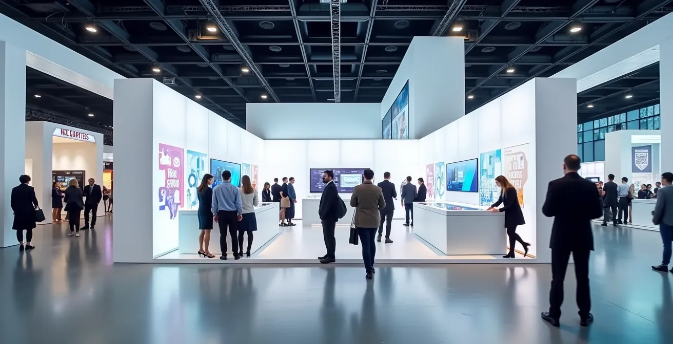 Modern event booth with digital engagement technology and attendees interacting