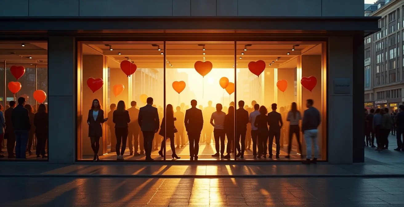 Wide shot of bustling launch event with diverse crowd energy