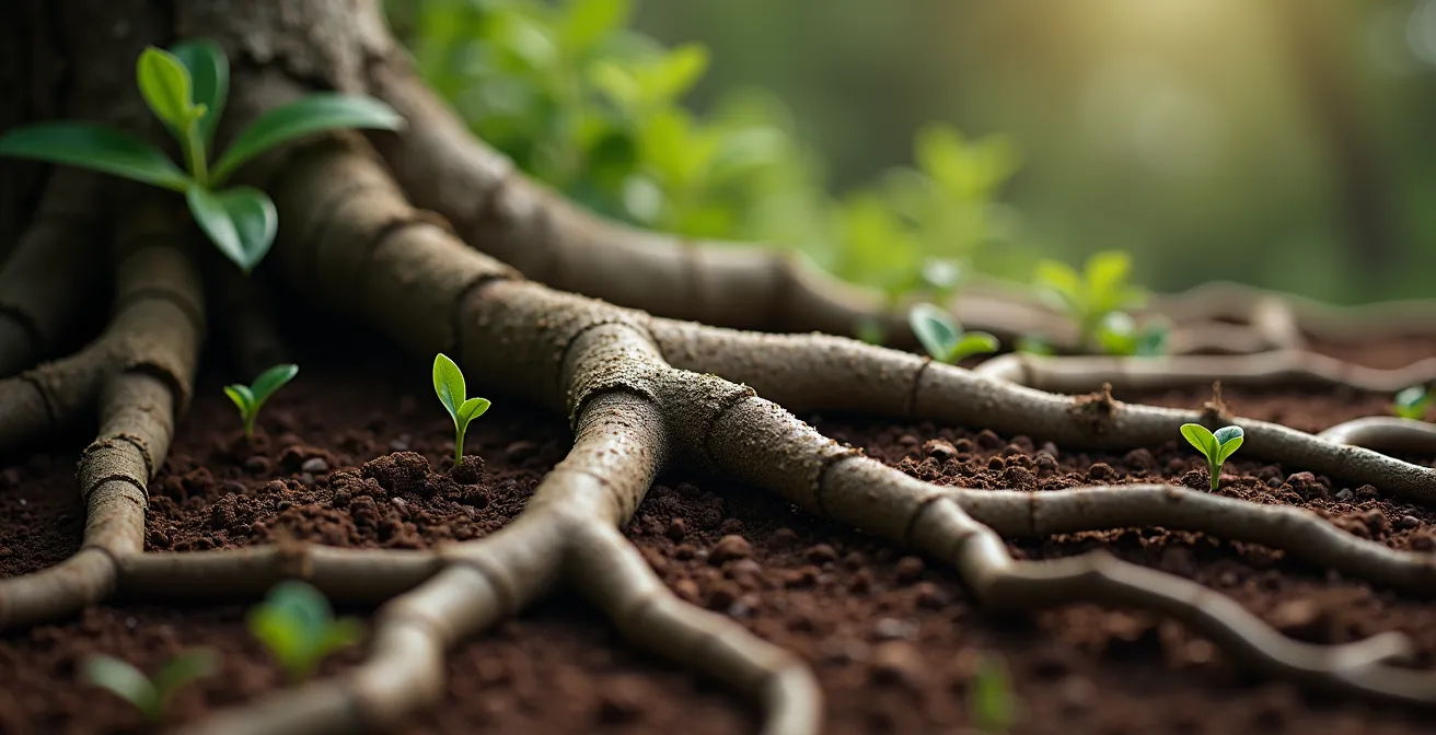 Close-up macro shot of intertwined tree roots symbolizing deep local community connections