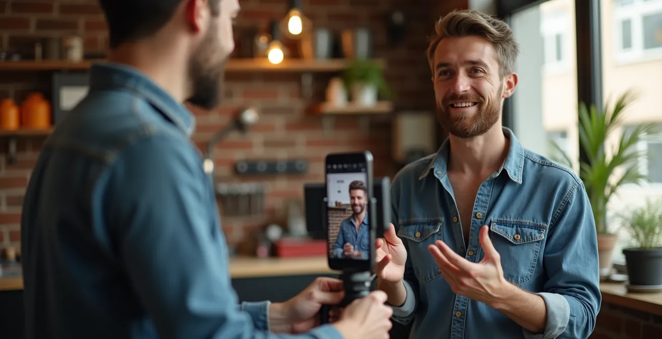 Small business owner filming a video in their shop with simple smartphone setup and natural lighting