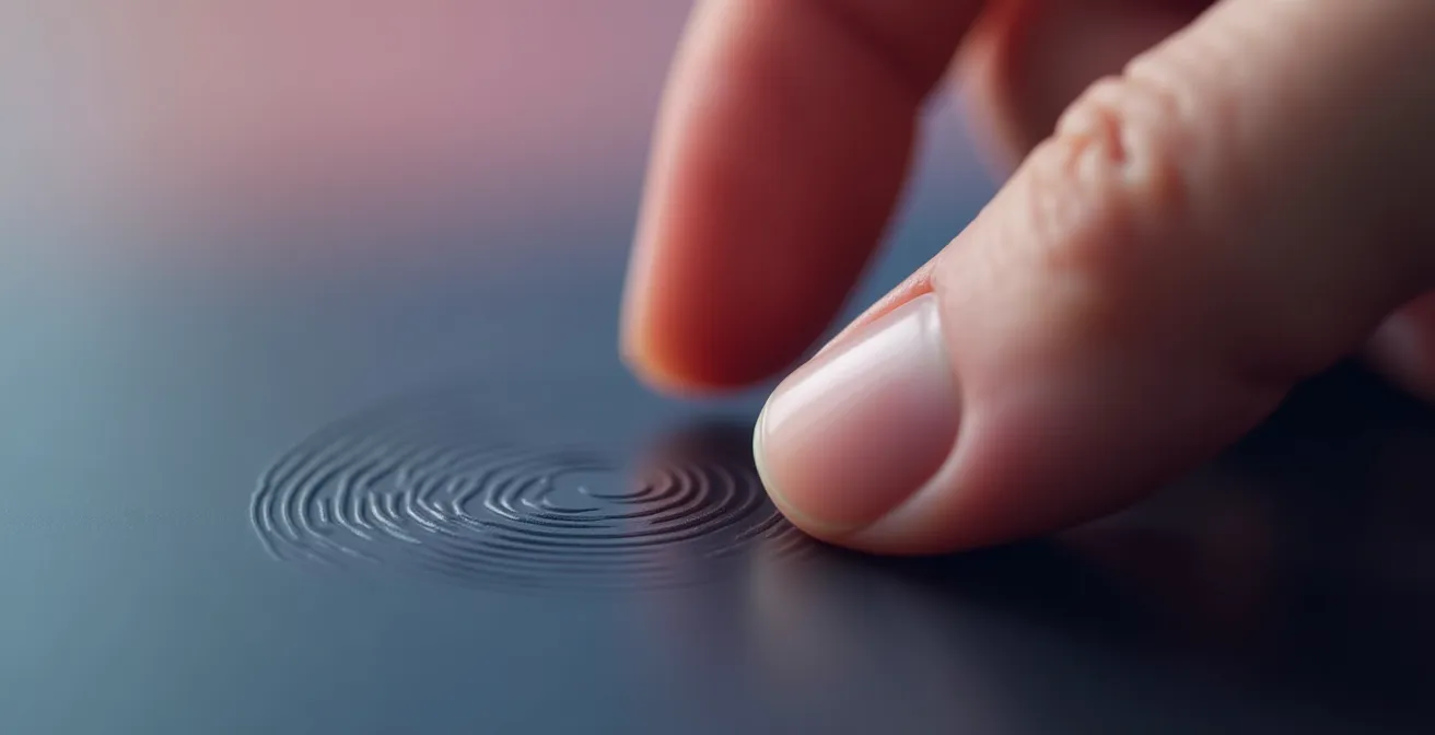 Extreme close-up of finger touching smooth surface with single action gesture