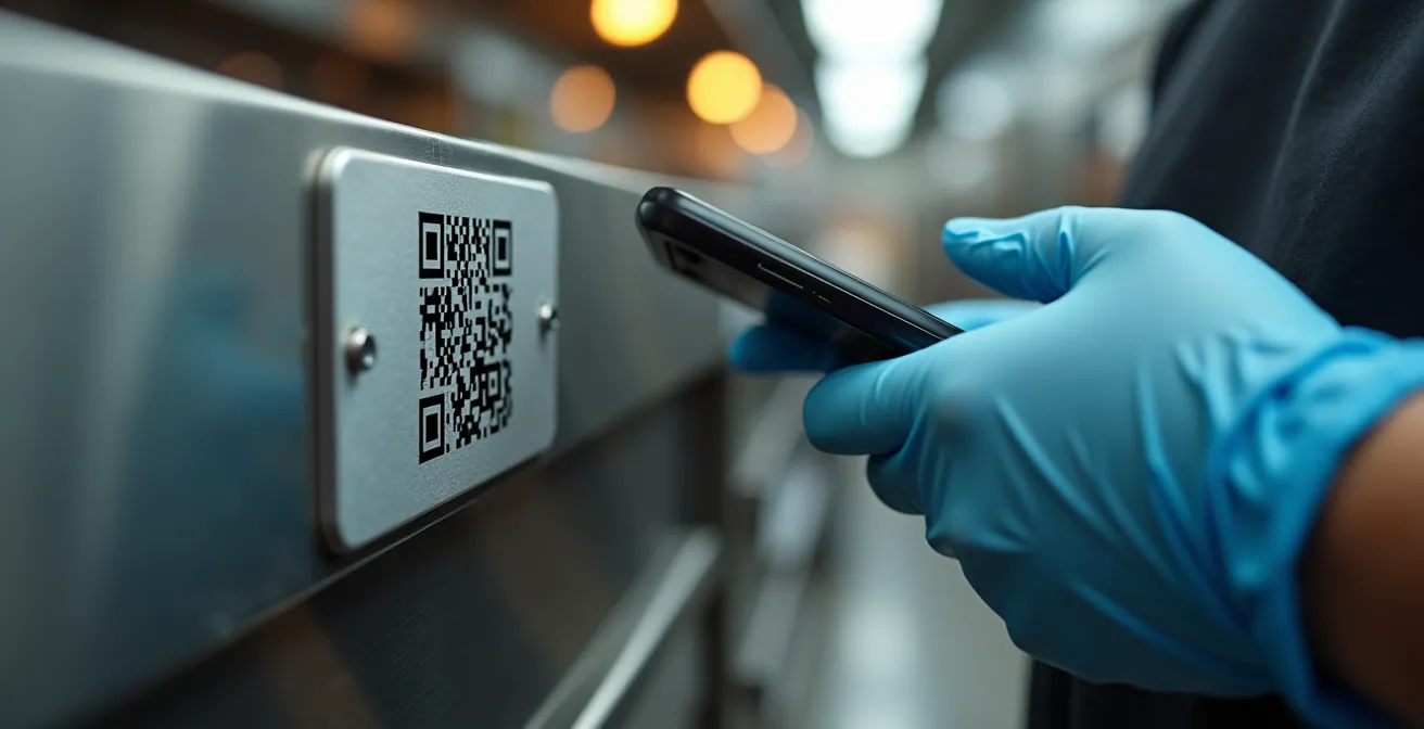 Close-up of maintenance technician scanning QR code on commercial kitchen equipment
