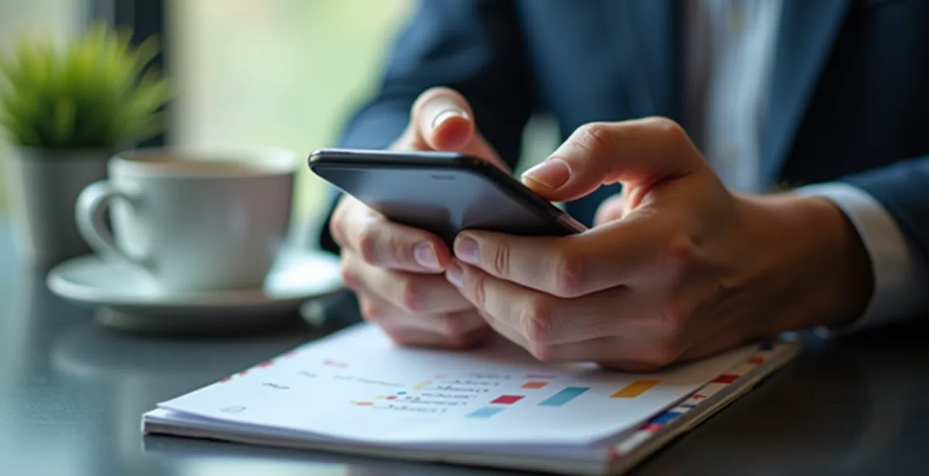 Close-up of hands using mobile device for professional training, focusing on gesture and learning interaction