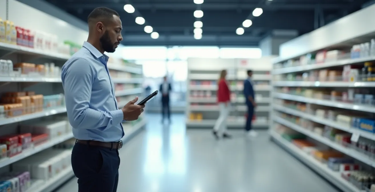 Store manager conducting mock audit with clipboard in retail environment