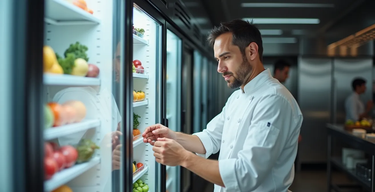 Professional chef organizing modular refrigeration units in commercial kitchen