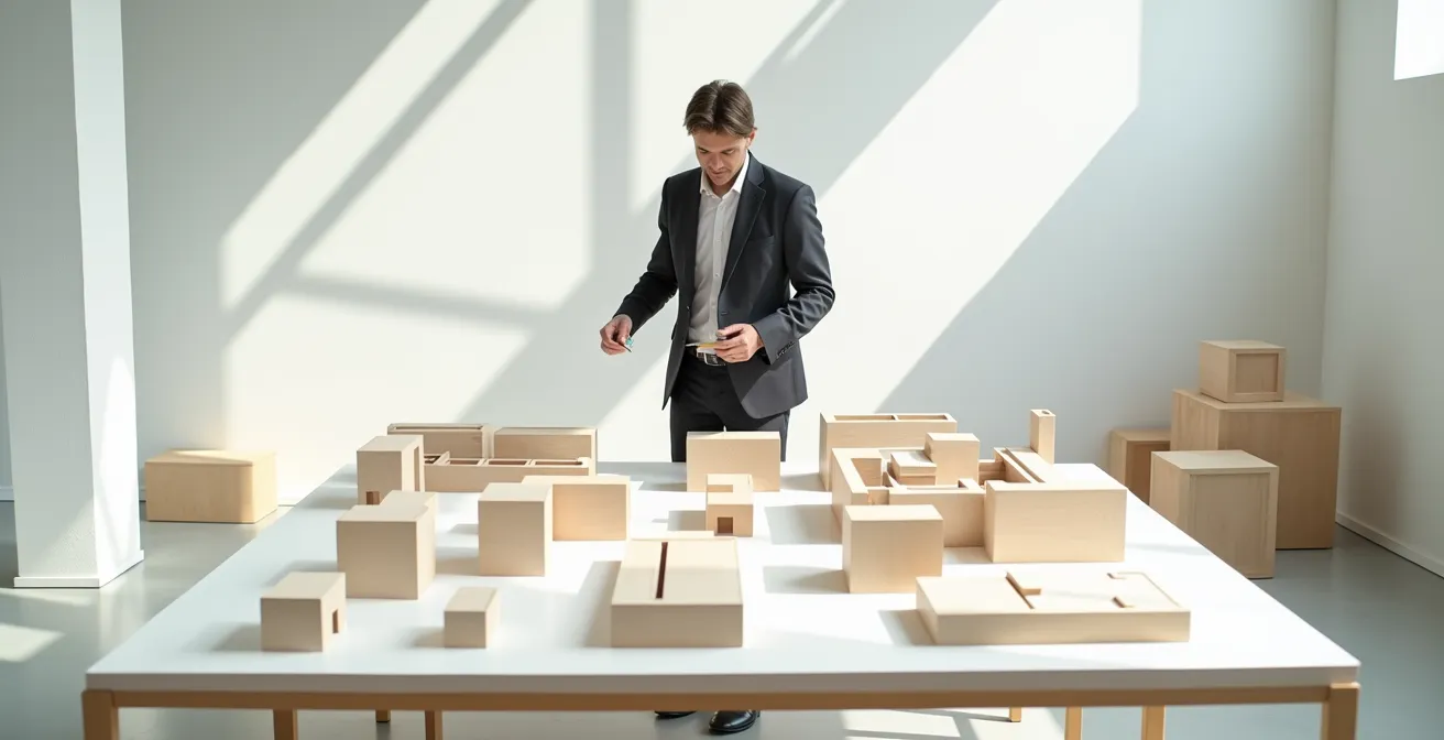 Business owner reviewing expansion plans with multiple location models on table