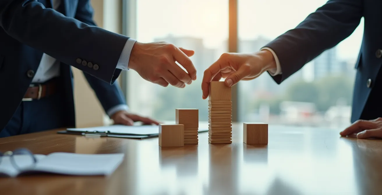 Visual metaphor for successful business negotiation and cost reduction