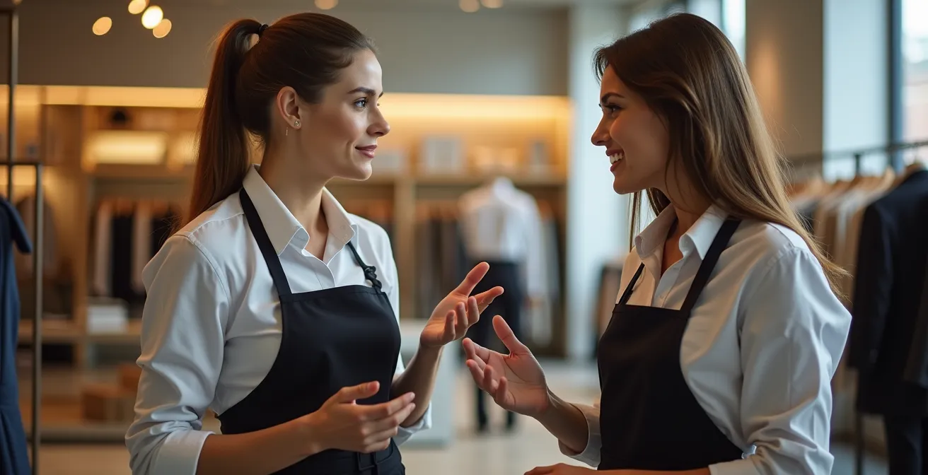 Experienced staff member coaching new hire in luxury retail environment