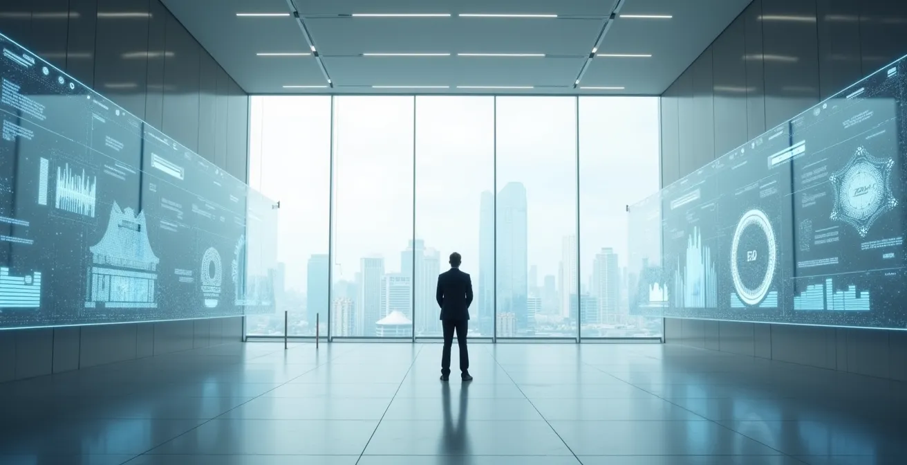 Business executive analyzing multiple strategic pathways on transparent digital boards