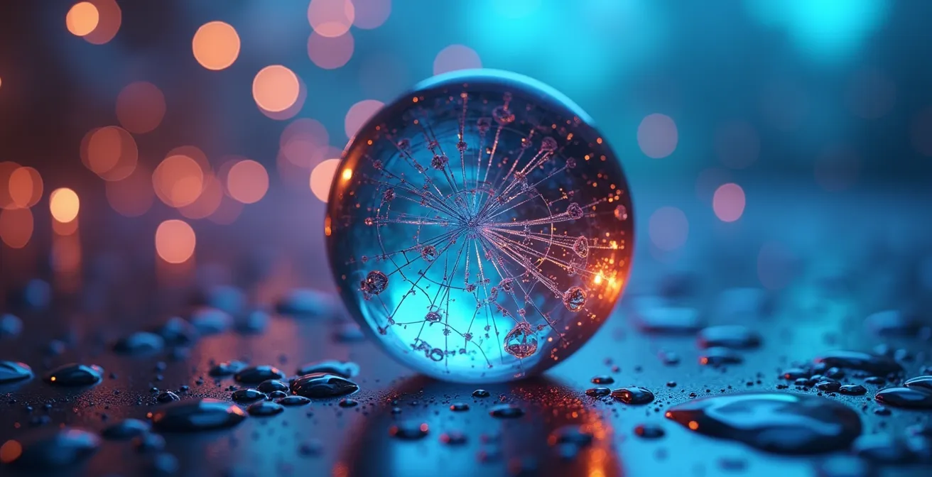 Macro shot of crystal sphere reflecting data patterns and light beams representing predictive analytics