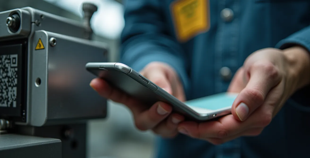 Close-up of hands scanning QR code at equipment station for instant guidance