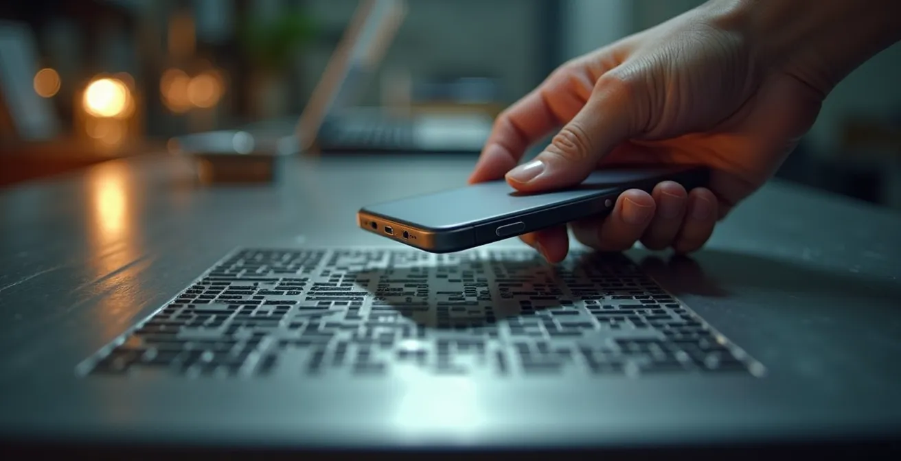 Employee scanning QR code at workstation for instant mobile training access