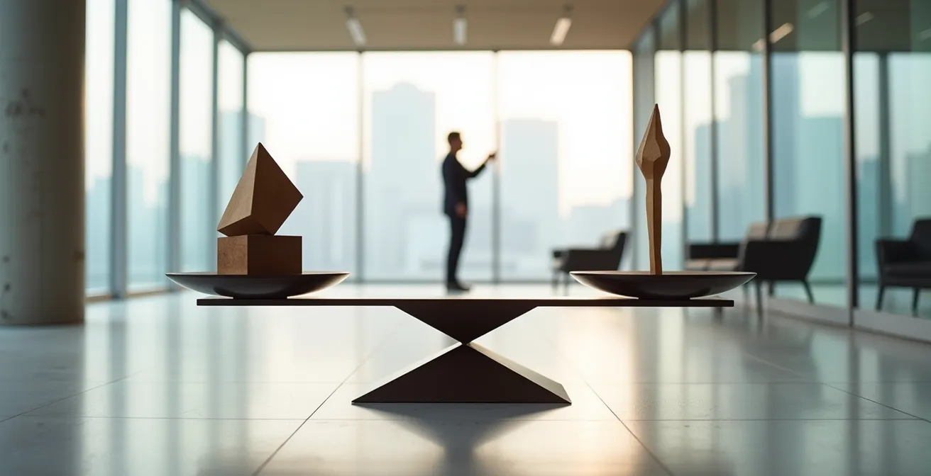 Hands adjusting precision balance scales in minimalist setting