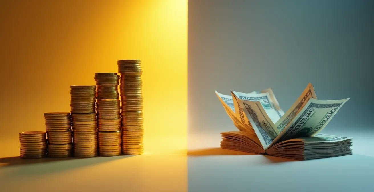 Split composition showing abstract currency symbols and gamification elements