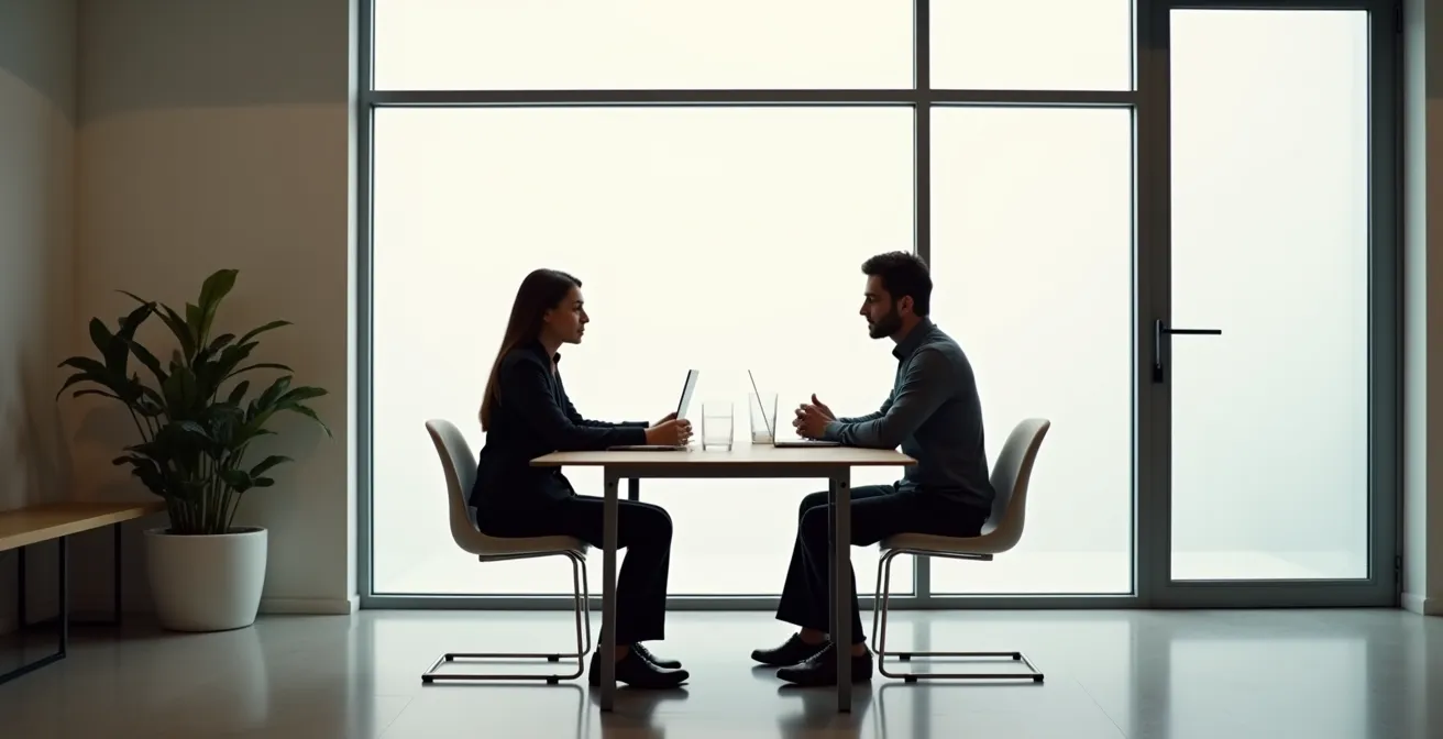 Wide shot of business owner in conversation space with concerned customer