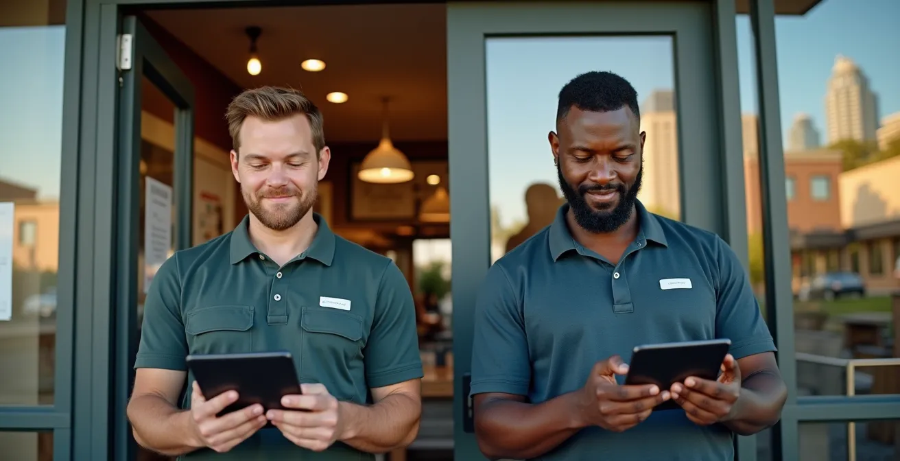 Rural and urban franchise locations shown in split composition with performance metrics visualization