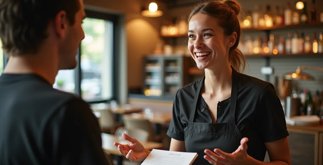 Restaurant staff member engaging with customer in genuine conversation demonstrating natural upselling technique