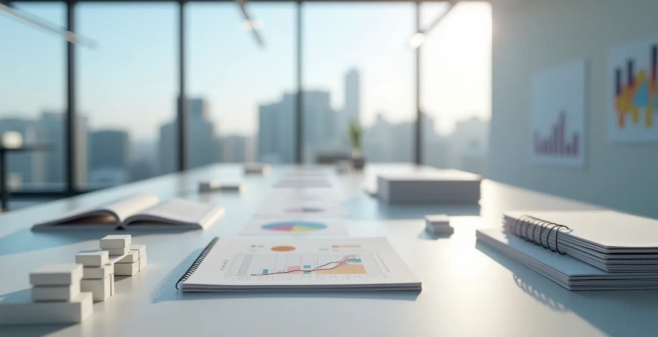 Wide angle view of minimalist office space with strategic planning materials and abstract business visuals