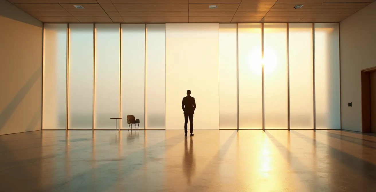 Executive contemplating strategic reveal timing with abstract timeline visualization