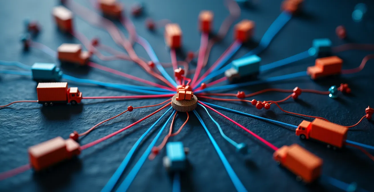 Abstract network of interconnected logistics nodes showing redundant supply paths