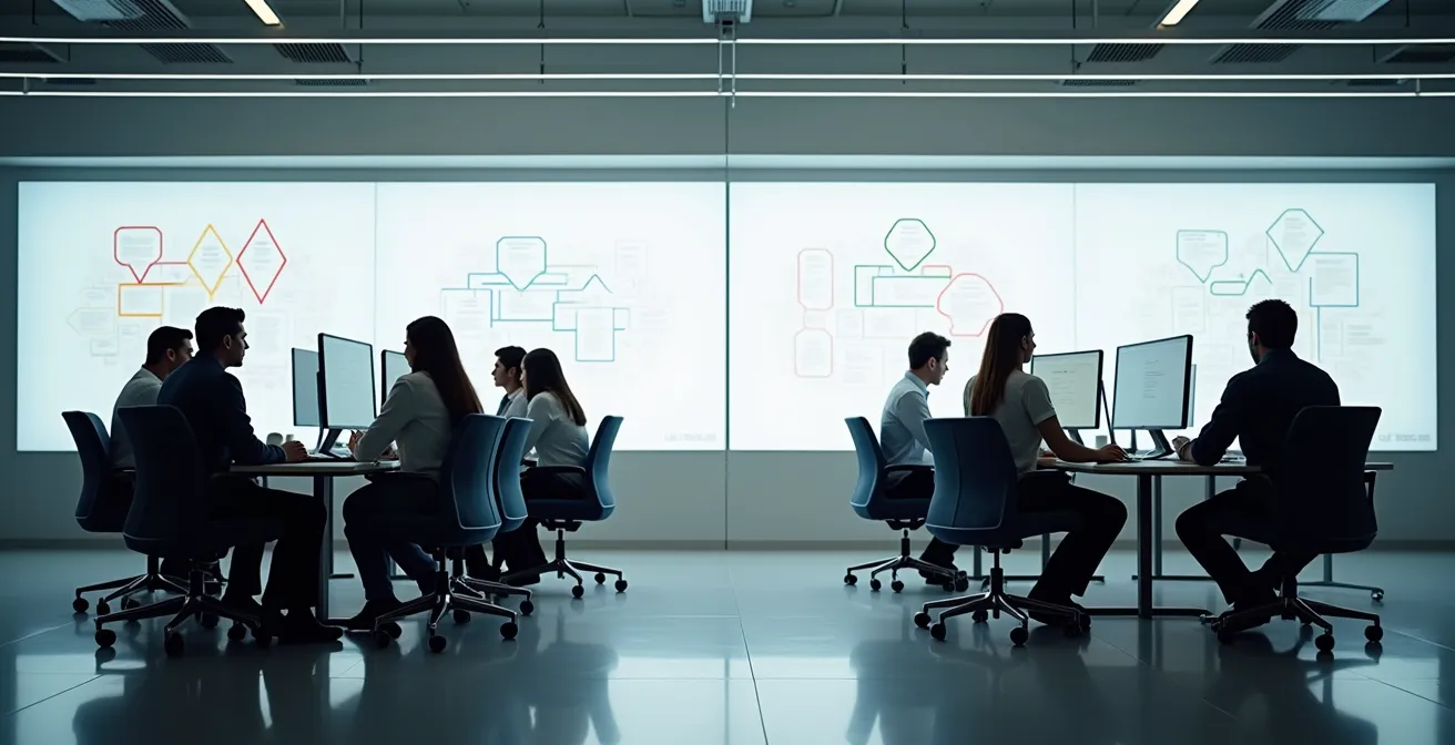 Two teams comparing experimental results in a modern workspace