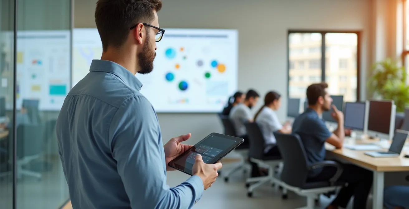 Manager observing team members working naturally in pilot unit environment