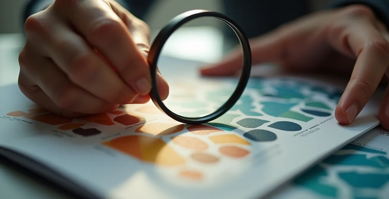 Professional examining brand guidelines through magnifying glass