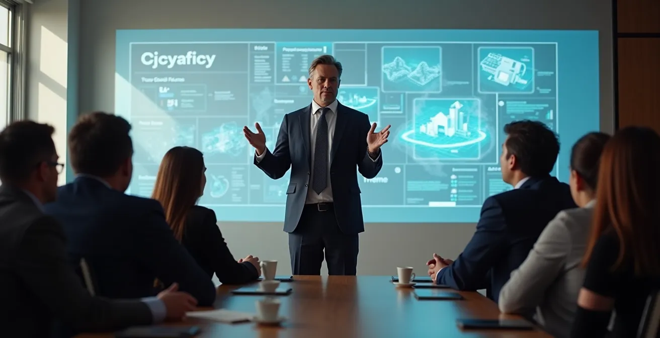 Executive presenting data visualizations to stakeholders in modern conference setting