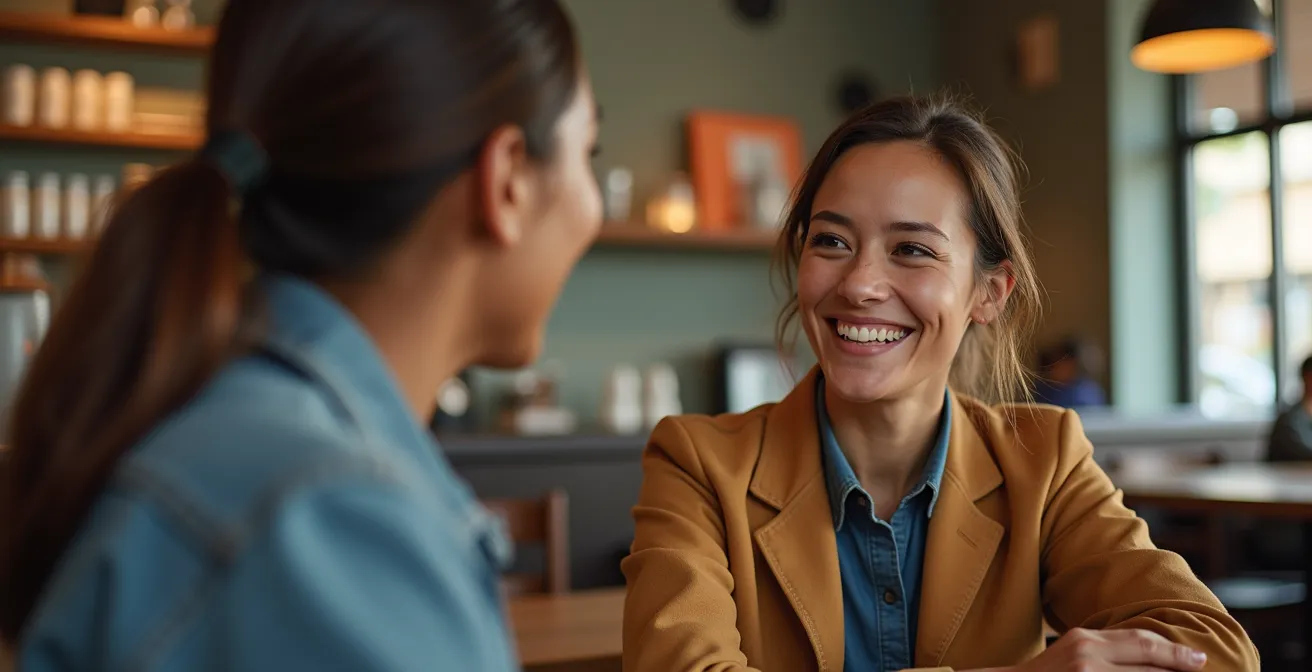 Business owner discussing value-focused services with engaged customers in a welcoming franchise environment