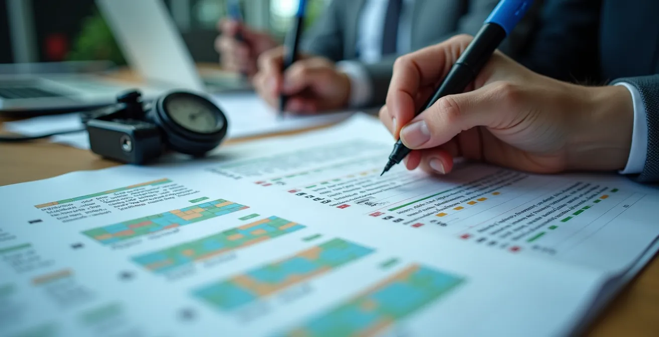 Close-up view of franchise operations testing documents and tracking systems