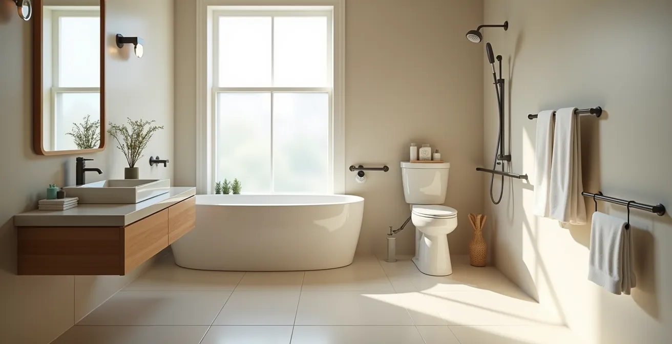 Modern accessible bathroom with safety features seamlessly integrated into elegant design