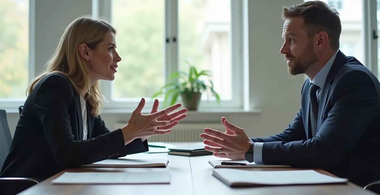 Business professionals in negotiation meeting showing focused discussion