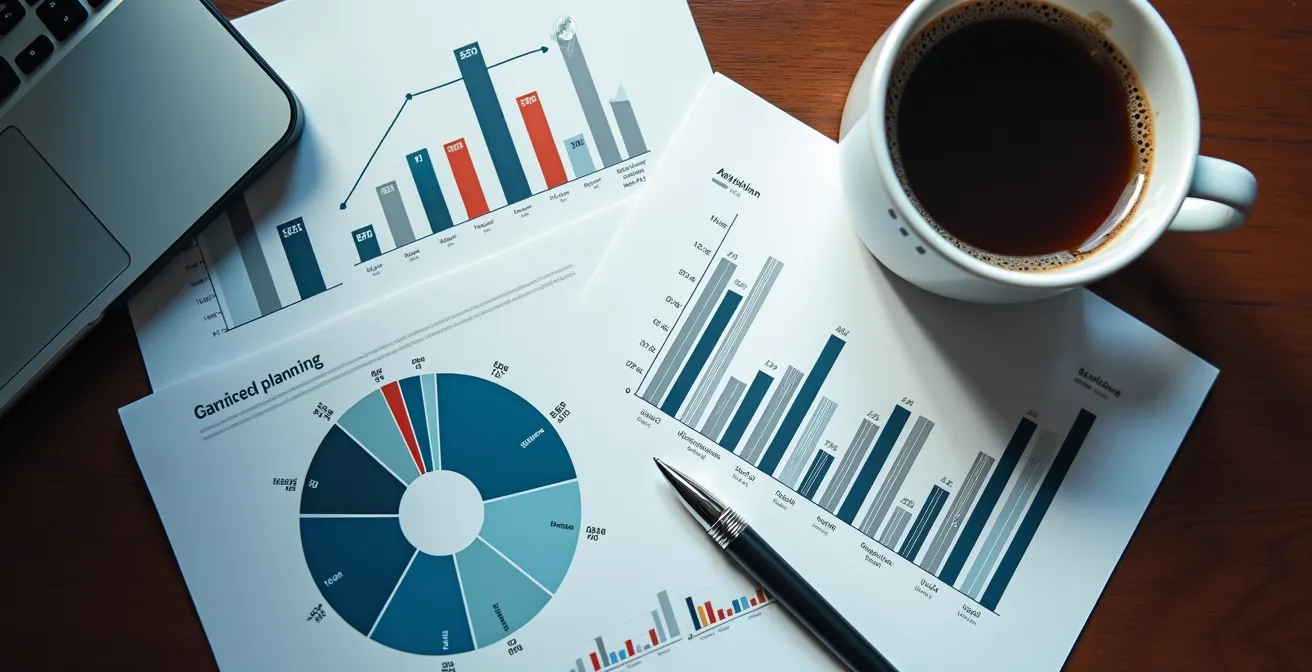 Organized workspace with business planning materials spread across desk