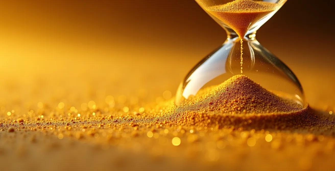 Macro shot of sand flowing through an hourglass representing cash burn and time runway