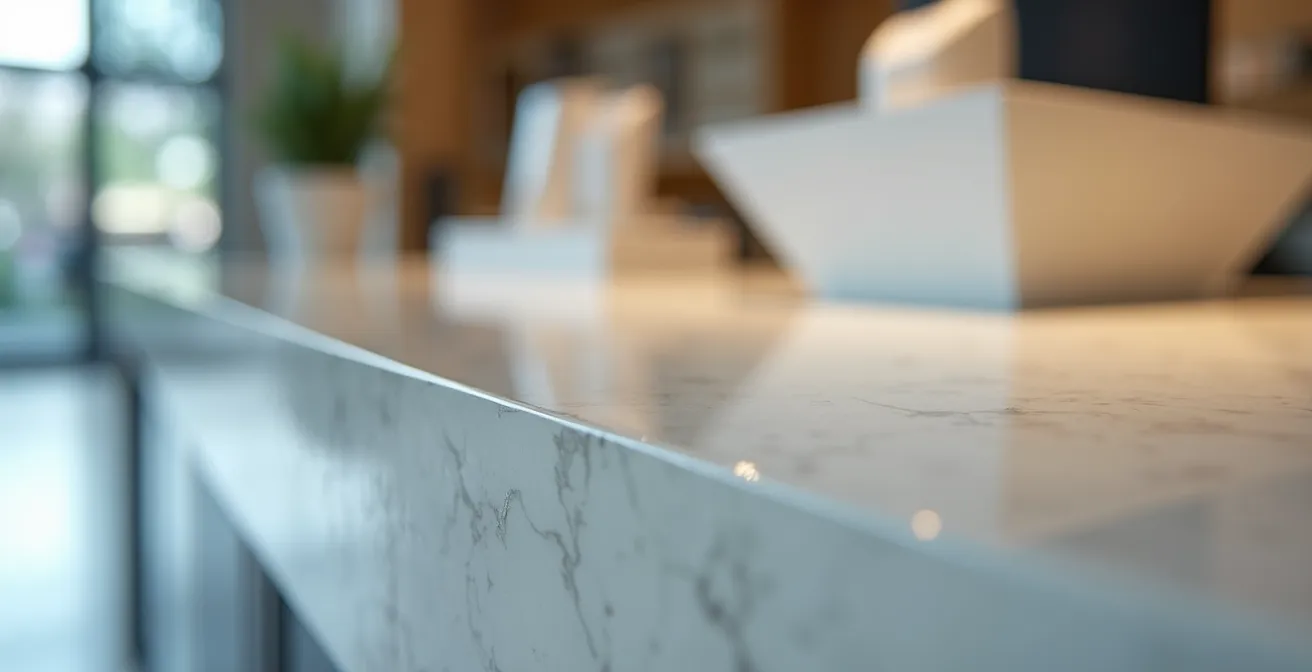 Macro shot of pristine retail counter surface showing attention to detail